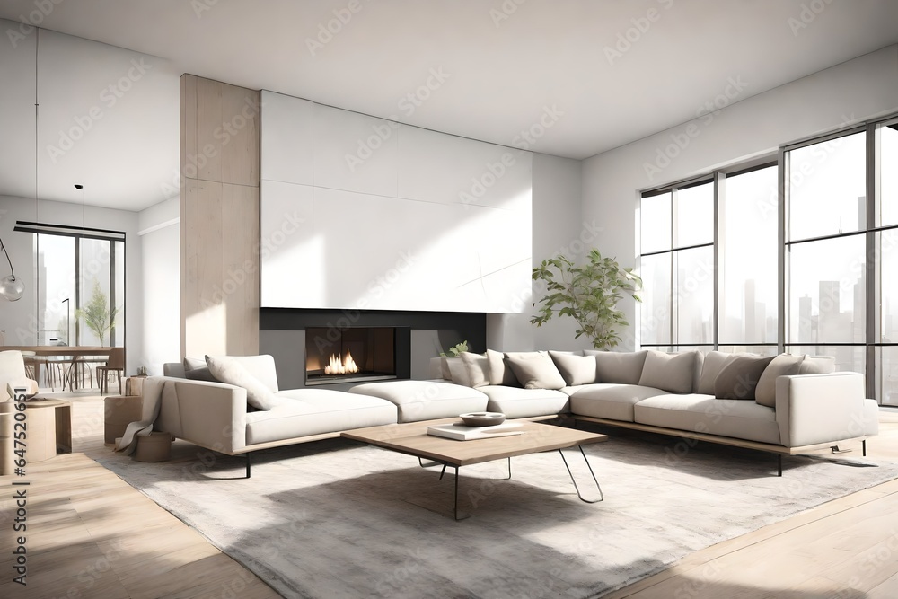 an open-concept living space with a minimalist fireplace, sectional sofa, and neutral color palette. an open-concept living space with a minimalist fireplace, sectional sofa, and neutral color palette.