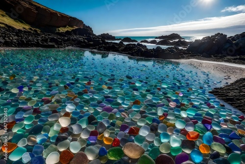 A mesmerizing glass beach with crystal clear waters gently lapping at the shore