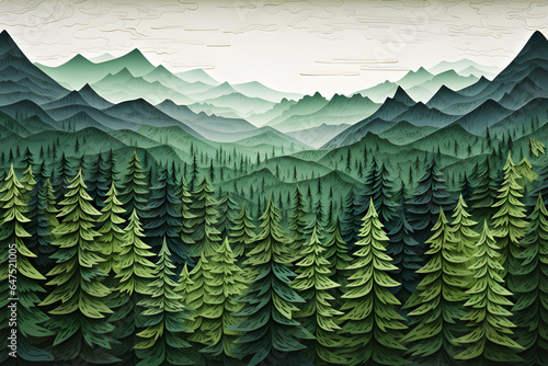 3d paper art layer vector illustration about green world forest nature ecology hike environment wildlife with mountains background.