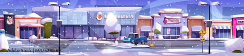 Winter supermarket and autos on parking lot. Vector cartoon illustration of large shopping mall building, trees and road covered with piles of snow, cafe and grocery shop entrances, snowfall in city