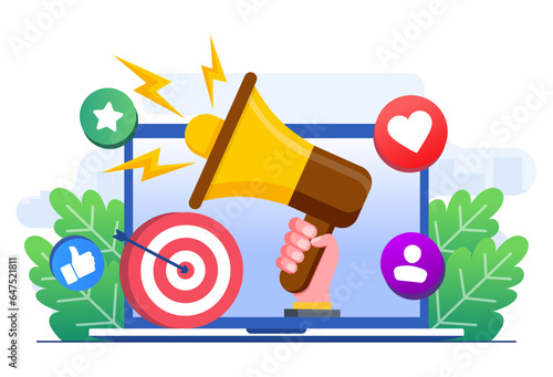 Digital marketing concept flat illustration vector template, Social media campaign, Promotion, E-commerce, Marketing agency, Megaphone on laptop screen