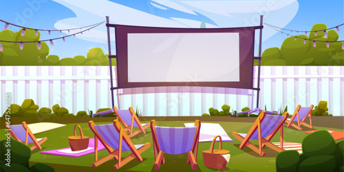 Outdoor cinema in summer park. Vector cartoon illustration of big movie screen with blank surface, chaise lounges and picnic baskets on backyard lawn, white fence, open air festival, weekend relax