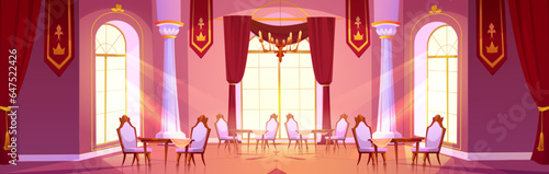 Dining room in royal palace. Vector cartoon illustration of spacious restaurant hall, vintage wooden tables and chairs, red cloth banners with golden emblem on ceiling, large victorian style windows