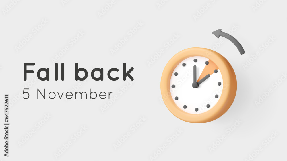 Fall back, Daylight saving time banner with 3d vector clock and arrow render. Reminder illustration with text. Classic watch turning to an hour back on light gray background. Calendar date. Fall back, Daylight saving time banner with 3d vector clock and arrow render. Reminder illustration with text. Classic watch turning to an hour back on light gray background. Calendar date.