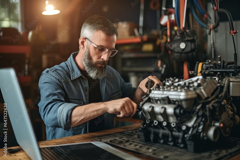 Auto mechanic using laptop while working on car diagnostic in garage, Modern car diagnostic program. Professional mechanic repairs truck engine. Repair service. ai generative Auto mechanic using laptop while working on car diagnostic in garage, Modern car diagnostic program. Professional mechanic repairs truck engine. Repair service. ai generative
