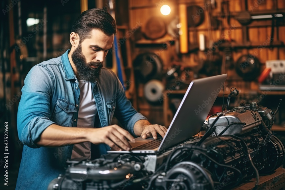 Auto mechanic using laptop while working on car diagnostic in garage, Modern car diagnostic program. Professional mechanic repairs truck engine. Repair service. ai generative Auto mechanic using laptop while working on car diagnostic in garage, Modern car diagnostic program. Professional mechanic repairs truck engine. Repair service. ai generative