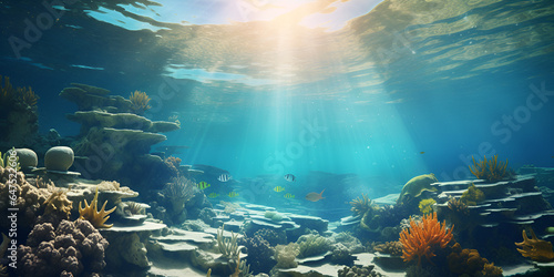 Sunbeams and sea deep or ocean underwater scenery background Generative AI