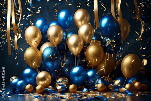 New Year's Eve card with an opulent display of golden and blue metallic balloons .