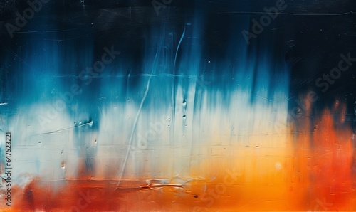 Distressed overlay. Dust scratches texture. Creased old film noise. Orange blue white rainbow color glow on dark wrinkled uneven abstract background, Generative AI