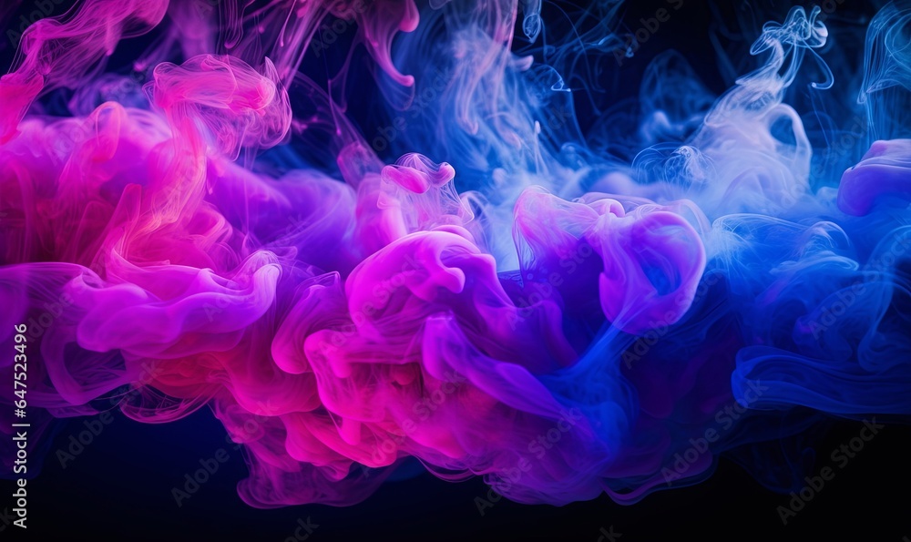 Color explosion. Fluorescent background. Paint in water. Vibrant smoke cloud texture. Glowing neon blue magenta pink steam splash on dark, Generative AI