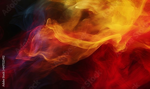 Color smoke. Paint water mix. Fire flame. Red yellow burning glowing glitter vapor texture on dark black abstract art background with free space, Generative AI