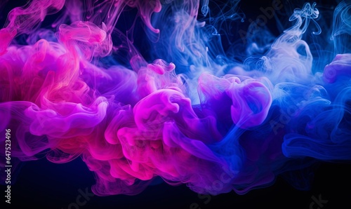 Color explosion. Fluorescent background. Paint in water. Vibrant smoke cloud texture. Glowing neon blue magenta pink steam splash on dark  Generative AI