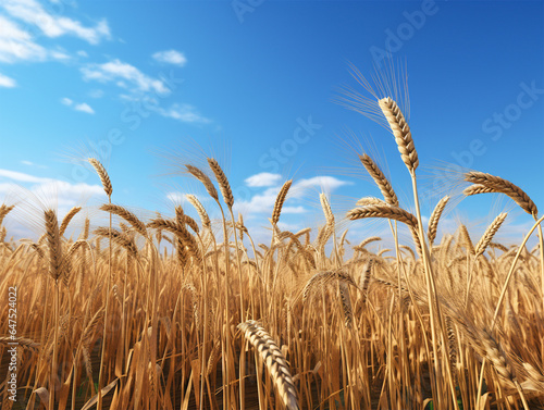Field of ripe wheat against blue sky. Agriculture concept