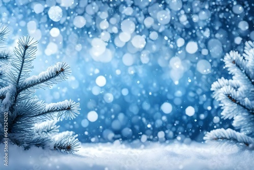 Winter / snow Christmas background banner panorama - Snowy frozen fir branches and bokeh lights with blue snowy snowfall sky.