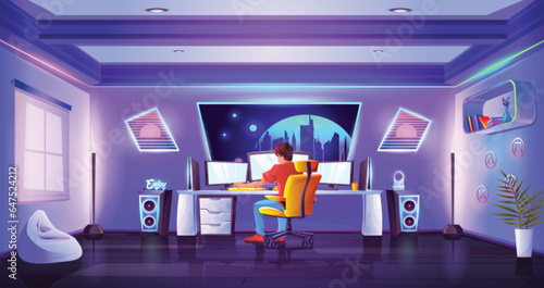 Video gamer teen neon room interior vector cartoon background. Boy stream game on chair with laptop, keyboard and monitor on desk. Streamer studio with shelf, poster, armchair and cyber design