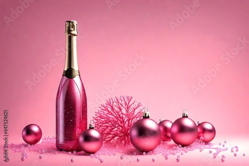 pink champagne bottle on pink background with some pink christmas tree balls. Neural network generated in May 2023. Not based on any actual scene or pattern.
