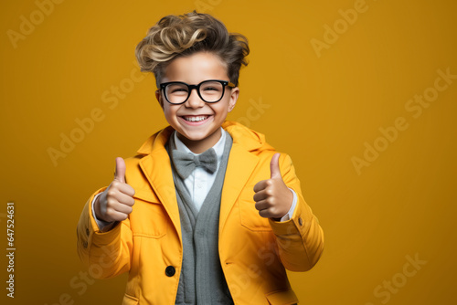 smiling African American schoolboy wearing school uniform show thumb up finger on yellow background
