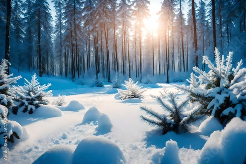 Winter. Christmas background. Snowflakes fall on snow in frosty forest. Snowy winter morning sunrise © CREAM 2.0