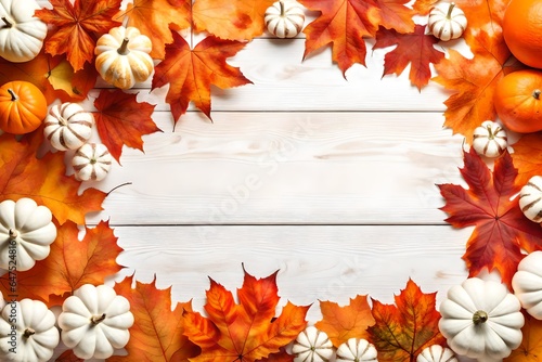 Autumn top border of orange  white and striped pumpkins on a white wood background. Top view with copy space