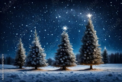 Three Christmas trees standing in snow field decorated with white stars, night sky with many small stars and one large bright star.