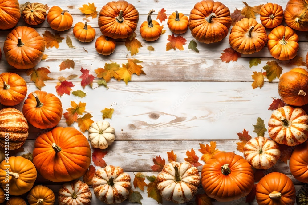 Autumn top border of orange, white and striped pumpkins on a white wood background. Top view with copy space Autumn top border of orange, white and striped pumpkins on a white wood background. Top view with copy space