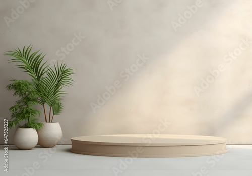 minimalist background with clean concept, minimalist podium circle shape, flowwer pot, and natural sunlight photo