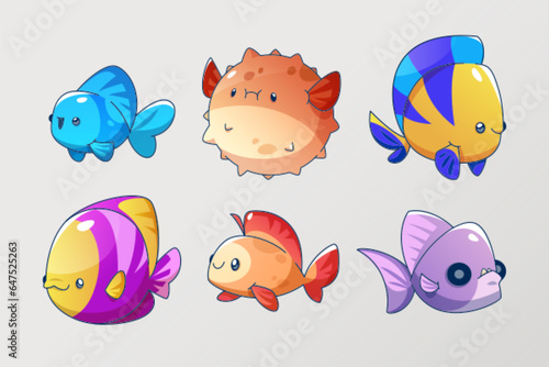 Photography Cute bright fish game cartoon character set