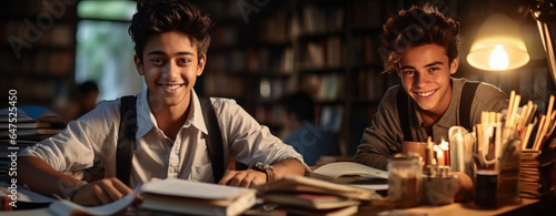 Two boys learning at college among books