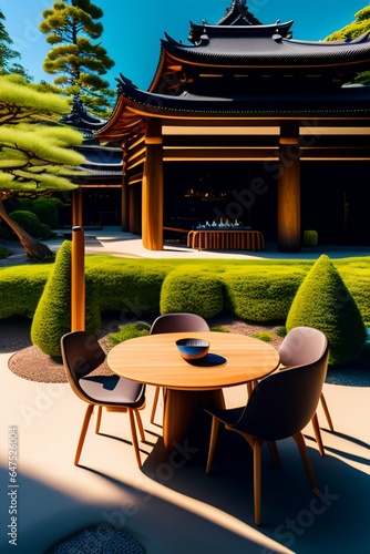 Japan, terrace, food, desert, teahouse plant eating and drinking space outside the store, trees, round table, wooden round table around trees