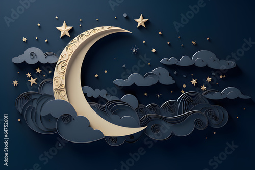 papercut style of crescent moon,cloudy,star,dark blue background.