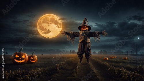 Obraz na płótnie A hallowen pumpkin scarecrow in the field at night