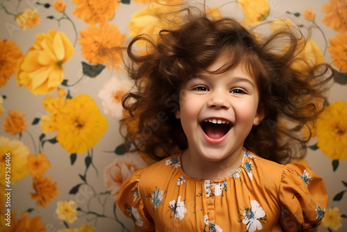 Studio portrait of cuttle little laughing girl on different colours background