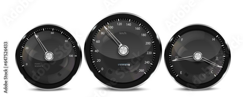 Car dashboard speedometer, tachometer, digital LED indicators for fuel and engine temperature. Vector realistic elements of car dashboard instrument cluster.