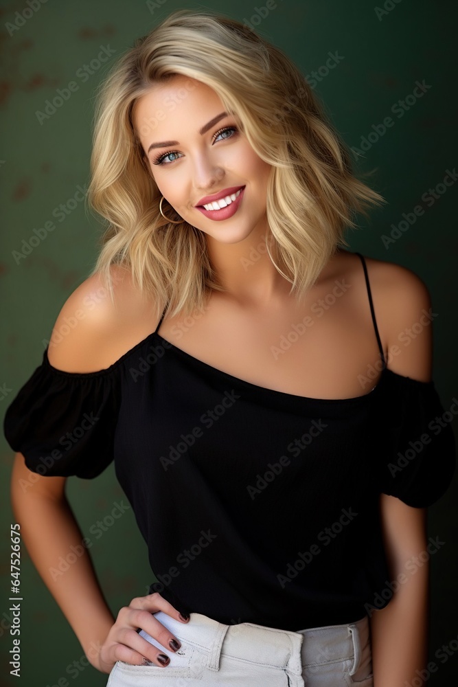 Beautiful portrait of a young woman wearing a black strap top, and short blonde hair to the side. Shoulder revealing to the side. Beautiful portrait of a young woman wearing a black strap top, and short blonde hair to the side. Shoulder revealing to the side.