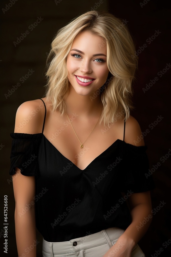 Beautiful portrait of a young woman wearing a black strap top, and short blonde hair to the side. Shoulder revealing to the side.