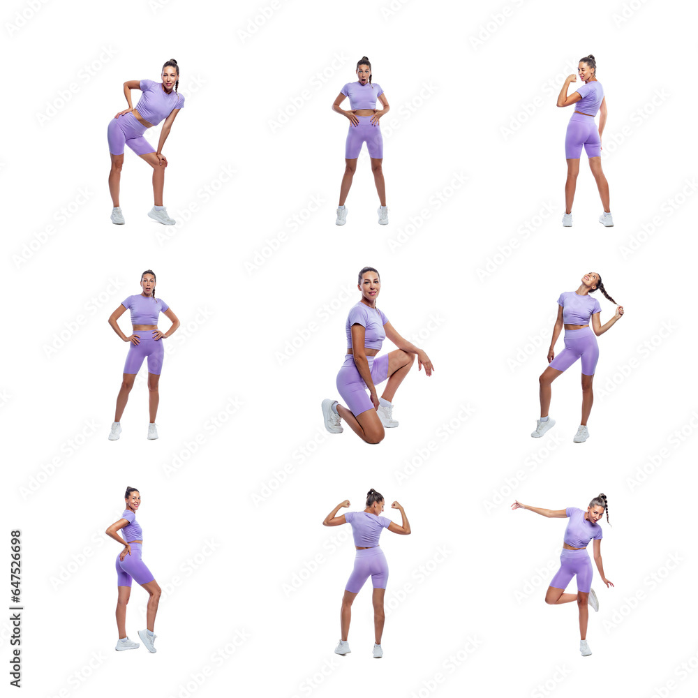 Beautiful slender woman in purple sportswear in different poses. Sports, activity and energy. Isolated on a white background. Collage, set. Square format.