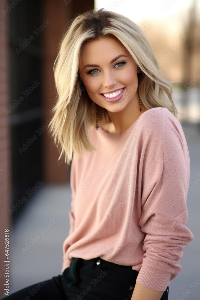 Young pretty blonde smiling, taking a portrait medium close up. Young pretty blonde smiling, taking a portrait medium close up.