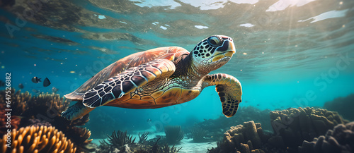 a sea turtle diving over coral reefs with sunbeams and sunshine beams