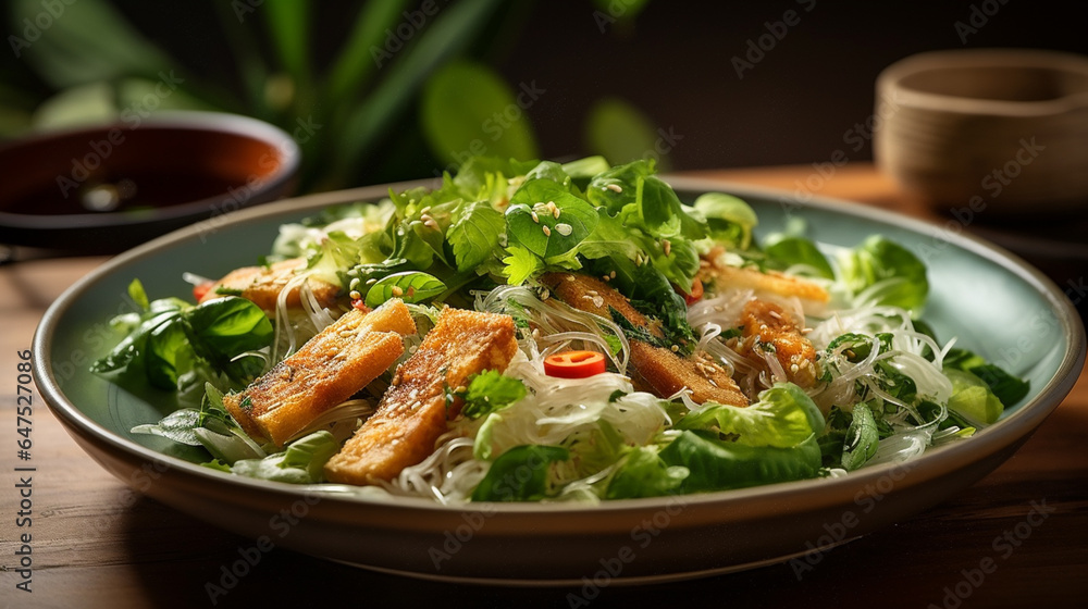 Tofu skin, rice vermicelli, and spinach salad A colorful medley of soft tofu skin, delicate