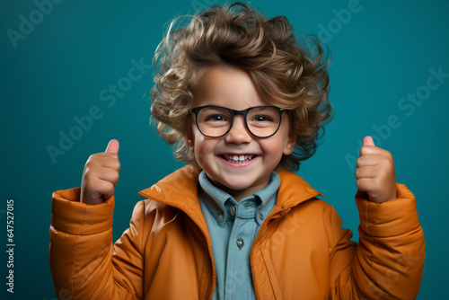 happy winner school boy in outwear on blue background celebrates new success  power  energy. Yes  