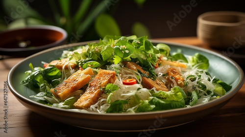 Tofu skin, rice vermicelli, and spinach salad: A colorful medley of soft tofu skin, delicate rice vermicelli, and vibrant spinach leaves, dressed in a light, refreshing sauce. 