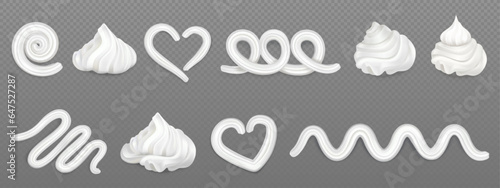 Whipped cream design elements for pastry isolated on transparent background. Vector realistic illustration of white creamy swirls, dairy curls, twirls, foam lines, sweet topping for cake, dessert