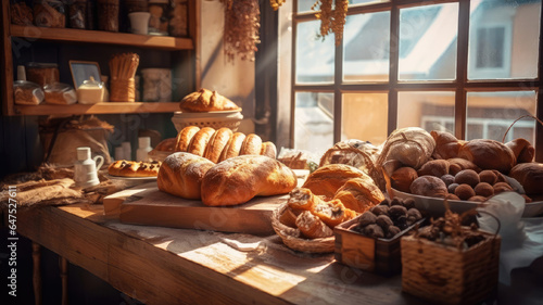 Confectionery bakery with showcases and fresh pastries in the rays of sunlight