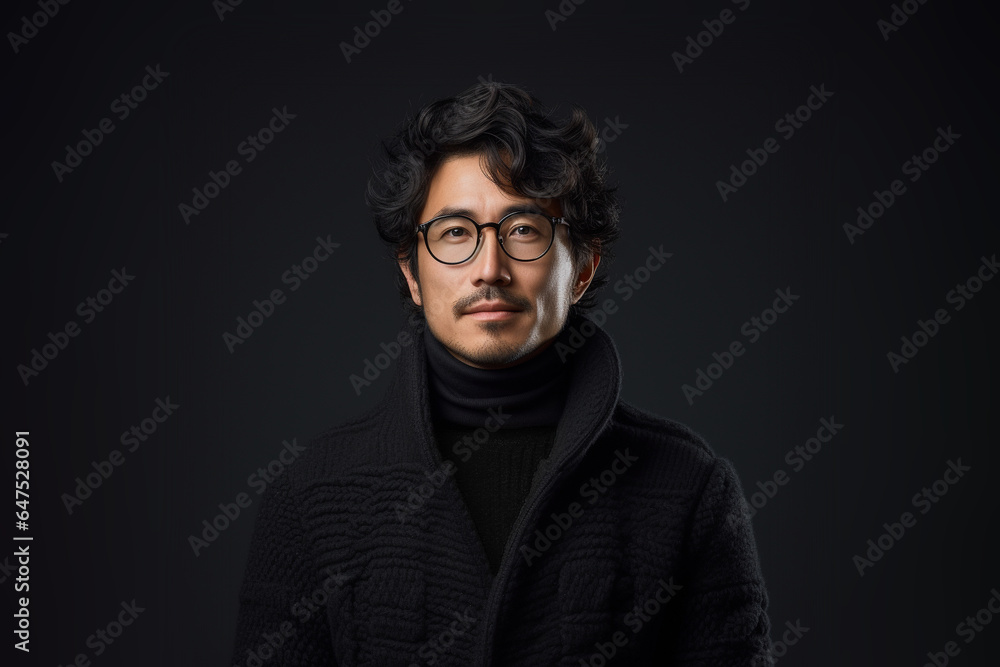 Portrait of a smiling Asian businessman wearing glasses and black sweater with looking at the camera in confidently while standing alone in a dark wall background.