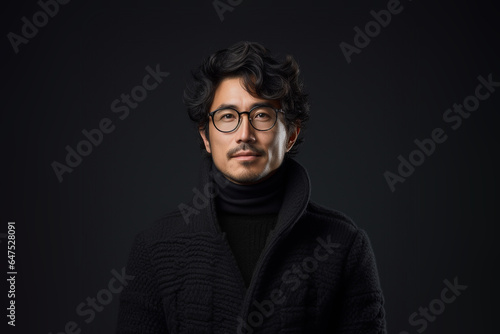 Portrait of a smiling Asian businessman wearing glasses and black sweater with looking at the camera in confidently while standing alone in a dark wall background.
