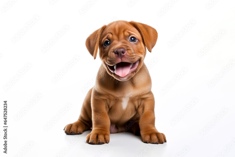 a Bordeaux puppy dog in front of a white background. 