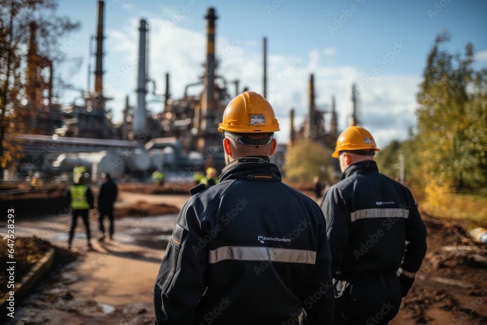 At back of the Workers engineer in Oil and gas industrial, Oil refinery plant from industry, Refinery Oil storage tank and pipe line steel. Non-existent person. Generative Ai	