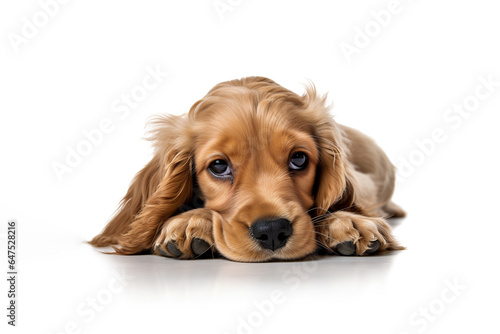 a long hair puppy Cocker Spaniel dog sleepy in front of a white background.  © NaphakStudio