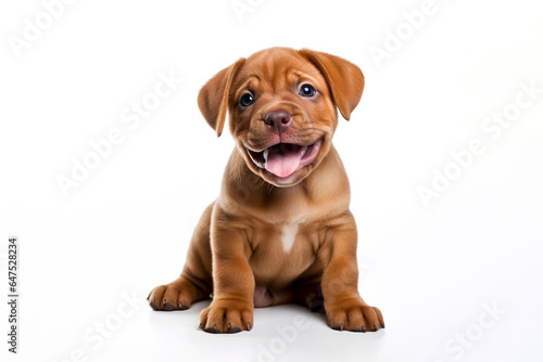 a Bordeaux puppy dog in front of a white background. 