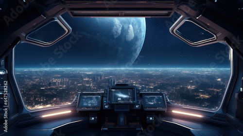 Fototapeta Naklejka Na Ścianę i Meble -  Spaceship futuristic interior with view on exoplanet